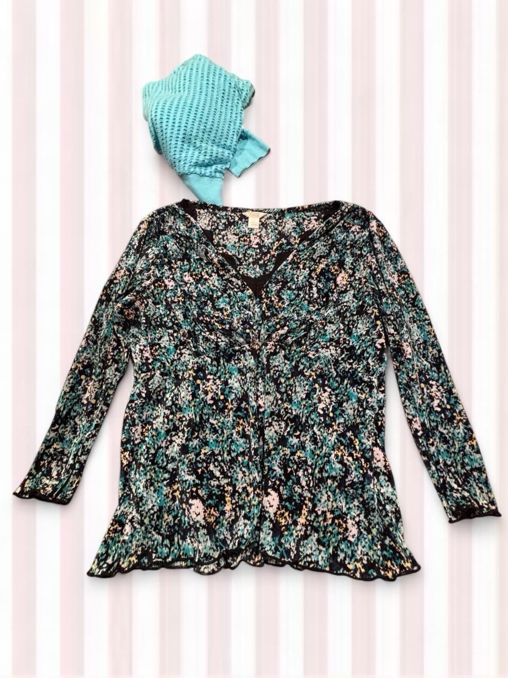 Christopher & Banks Teal, Black & Cream Abstract Print Top